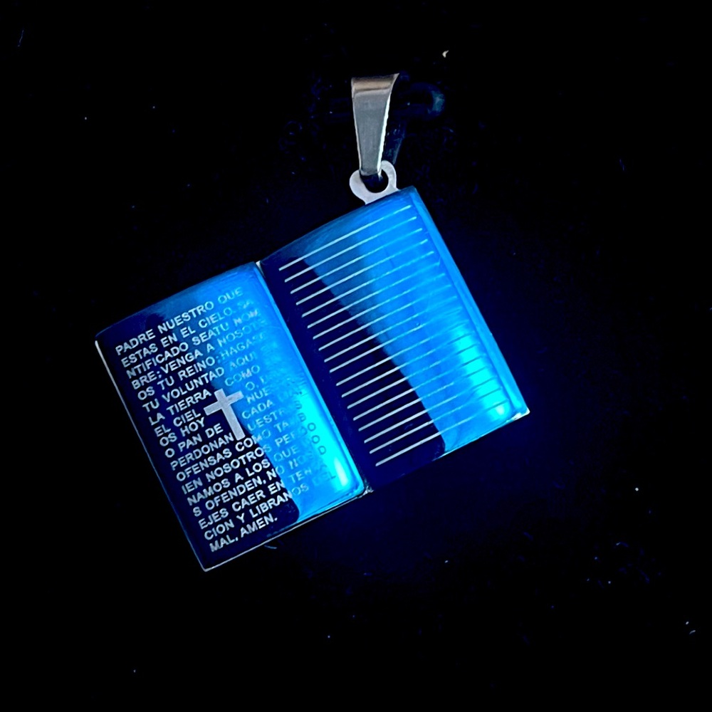Lords Prayer In Spanish One-of-a-kind Blue Bible Pendant NEW